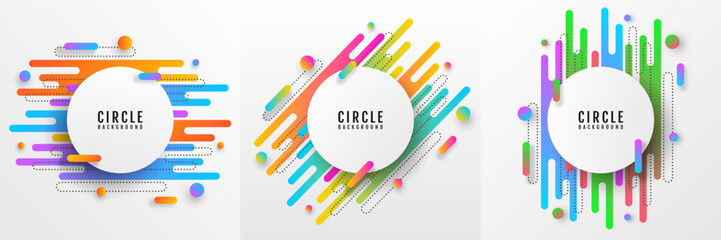 3D white circles abstract background set with colorful geometric shape on bright space. Vibrant colors decoration. Modern graphic design element style concept for web, flyer, card, or brochure cover