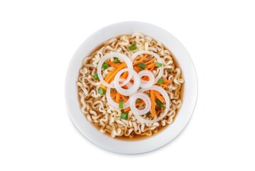 Ramen noodles with carrots and onion slices in a bowl. on a white isolated background