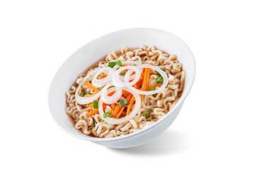 Ramen noodles with carrots and onion slices in a bowl. on a white isolated background