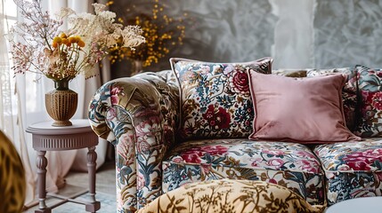 Elegant lounge decor in a luxurious home featuring a patterned sofa a pink side table cushions dried flowers
