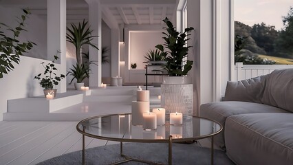 Fototapeta premium Plants and carpet in white living room interior with candles next to grey couch