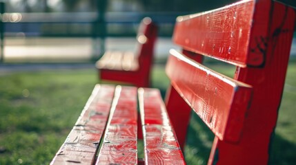 On a sunny cloudy day, the red reserve chair bench is for the staff, coach, and substitute players at the outdoor sports venue.