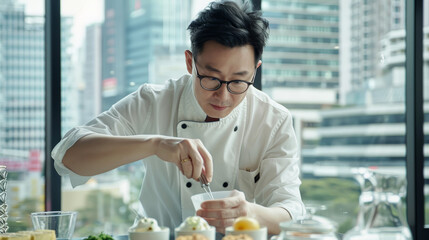 Realistic photo of head chef working professionally in modern kitchen area. Model chef making amazing food in a private design project with perfect natural lighting environment.