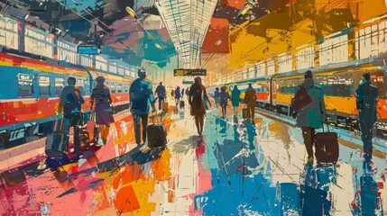 A colorful and busy train station, with people boarding and alighting, luggage in tow, capturing the hustle and bustle of travel