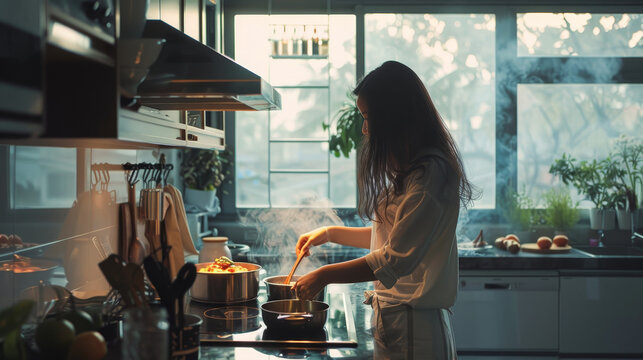 Realistic photo of head chef working professionally in modern kitchen area. Model chef making amazing food in a private design project with perfect natural lighting environment.