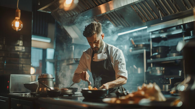 Realistic photo of head chef working professionally in modern kitchen area. Model chef making amazing food in a private design project with perfect natural lighting environment. - Powered by Adobe