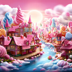 Illustration of a village made of candy and cotton candy, colorful with houses made of confectionery delights and a flowing river
