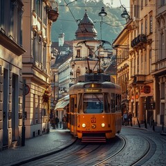 A historic tram navigating through the charming streets of an old European city, with cobblestone roads and quaint buildings