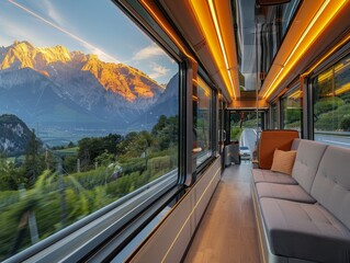 Fototapeta premium A luxurious tour bus on a scenic highway, with large windows offering breathtaking views of the mountains