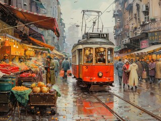 A tram stop at a bustling market street, with vendors and shoppers mingling, capturing the daily life of the city