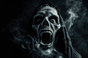Terrifying Grim Reaper with smoke and dark background

