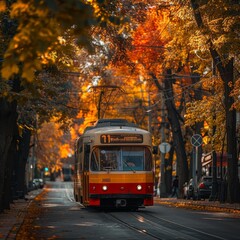 Fototapeta premium A trolleybus during autumn, traveling through a tree-lined avenue with colorful fall foliage