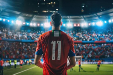 Into the packed stadium for a match, a male professional soccer player with the number 10 on the back of his shirt representing the Costa Rica national team.