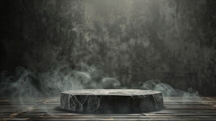 A mysterious stone platform surrounded by smoke in a dim and eerie environment, creating a chilling atmosphere