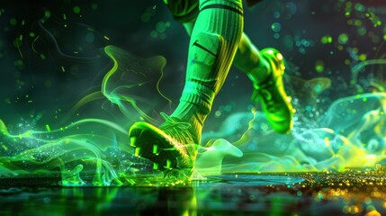 Fototapeta premium Kick using the legs. Flyer featuring a female soccer player and a football player separated on a black backdrop, playing with a ball and including green neon components. Idea of force