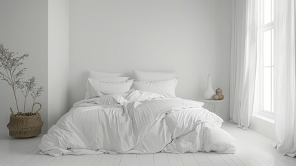 A cozy white bedroom with minimalist furnishings, designed to create a peaceful and relaxing atmosphere. The image offers plenty of copy space for adding text or graphics.