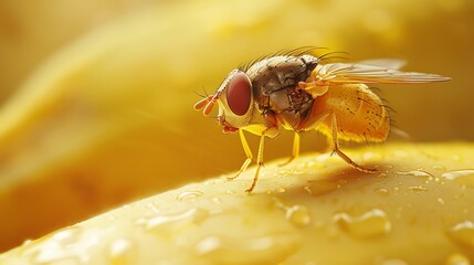 Fruit fly or vinegar fly on banana fruit surface very detailed and realistic shape