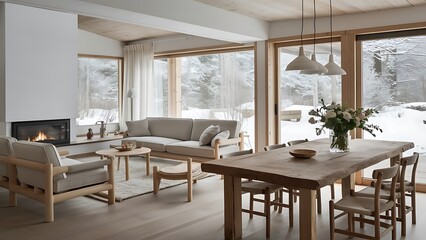 Wooden natural furniture in Scandinavian living room design