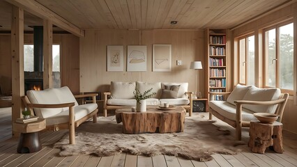 Wooden natural furniture in Scandinavian living room design