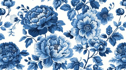 Fototapeta premium The pattern is composed of blue flowers on a white background. It is in the toile style.