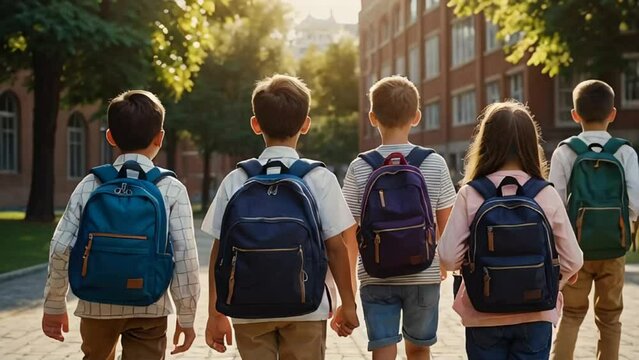Schoolchildren with backpacks go to school