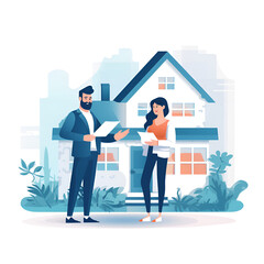 Fototapeta premium Real estate agent and customer with house. Vector illustration in flat style