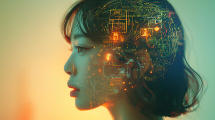 an Asian female, focusing on her head and brain, with visual elements representing deep learning, machine learning, and artificial intelligence