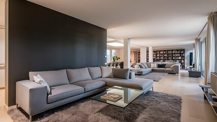 Modern living room interior, gray sofa on dark empty wall mockup, panorama. Modern living room interior, gray sofa on dark empty wall mockup