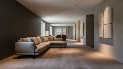 Modern living room interior, gray sofa on dark empty wall mockup, panorama. Modern living room interior, gray sofa on dark empty wall mockup