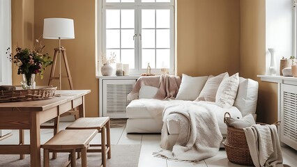 Scandinavian living room design with wooden table, floor lamp, wicker basket and white sofa on beige background