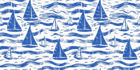 Coastal sail boat in azure ocean blue seamless border background. Modern sailing boat block print for decorative coast interior furnishing fabric for rustic linen beach cottage banner trend. 