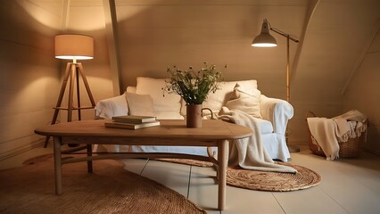 Scandinavian living room design with wooden table, floor lamp, wicker basket and white sofa on beige background