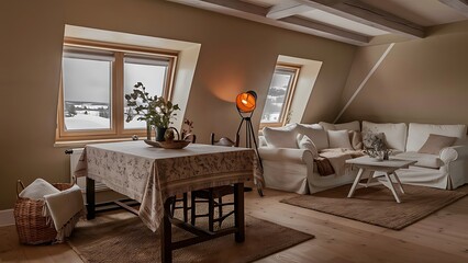 Fototapeta premium Scandinavian living room design with wooden table, floor lamp, wicker basket and white sofa on beige background