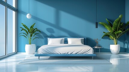 A sleek blue bedroom with a minimalist design, featuring clean lines and plenty of copy space for personalization.