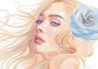Elegant Blonde Woman with Blue Rose in Vector Art