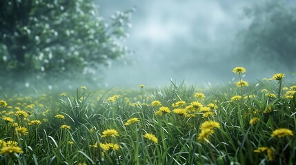 Gorgeous grassy area and yellow dandelion blooms in the outdoors against a gloomy foggy blue sky very detailed and realistic shape