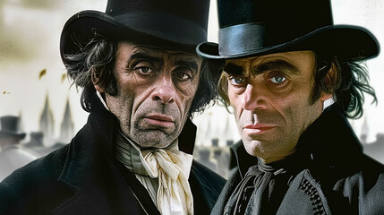 Portrait of two respectable middle-aged Victorian gentlemen in a hat and coat on the street