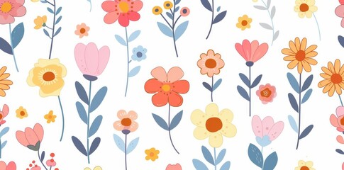Vintage 70s style hippie floral seamless pattern. Colorful pastel color groovy artwork, Y2K nature backdrop with daisy flower. Modern floral seamless pattern.