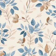In soft blue and beige, this seamless pattern features elegant flowers and leaves