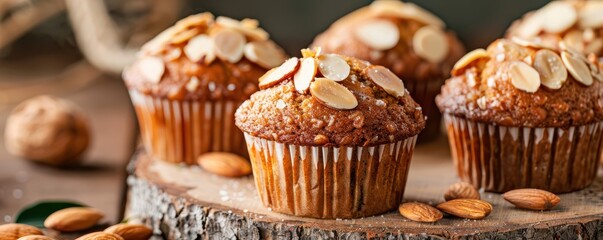 Healthy almond muffins topped with sliced nuts, set against a rustic background. A delicious and nutritious baked treat.