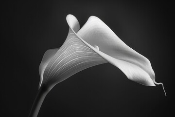 A single calla lily, its sleek white bloom elegantly contrasting with the dark charcoal background. The image highlights the smooth curve and purity of the calla lily's form.