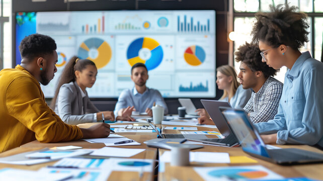 data governance and compliance solutions in action. In the foreground, a diverse group of data professionals is gathered around a conference table - Powered by Adobe