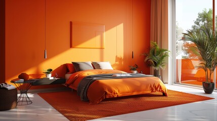 A modern bedroom designed in shades of orange, with minimalist decor and furniture, providing plenty of copy space for adding text or graphics.