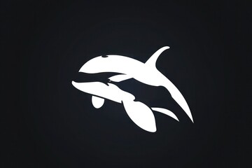 Obraz premium A white silhouette logo of an orca's face, showcasing its striking contrast and streamlined shape, against a dark charcoal background