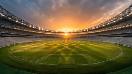 Fototapeta premium A breathtaking view of a majestic football stadium illuminated by a stunning sunset, showcasing the beauty and grandeur of the venue.