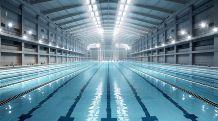 Obraz premium Indoor Olympic-size swimming pool with lanes. Bright lighting and empty space. Perfect for sports and training activities.