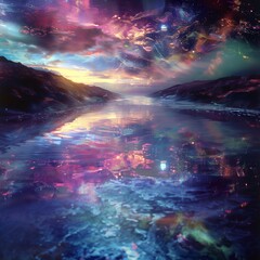 Obraz premium A futuristic landscape with cosmic reflections in water, ethereal, surreal, detailed, vibrant, mystical