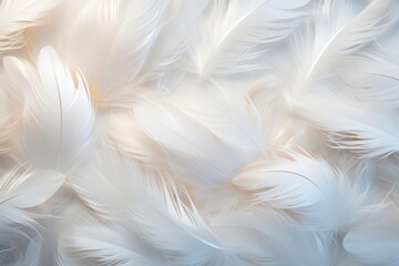 Fototapeta premium Ethereal white feathers scattered on a light gray background, soft and dreamy