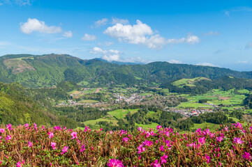 Beautiful view from Miradouro do Pico do Ferro, Sao Miguel island, Azores, Portugal.