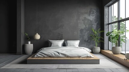 A modern bedroom with a subtle silver color palette, designed in a minimalist style with clean lines and uncluttered space. The image offers plenty of copy space for customization.